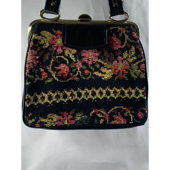 Women's Black Needle-Point Vintage 60's Square Tapestry Carpet Chic Shoulder Bag - Picture 3 of 10